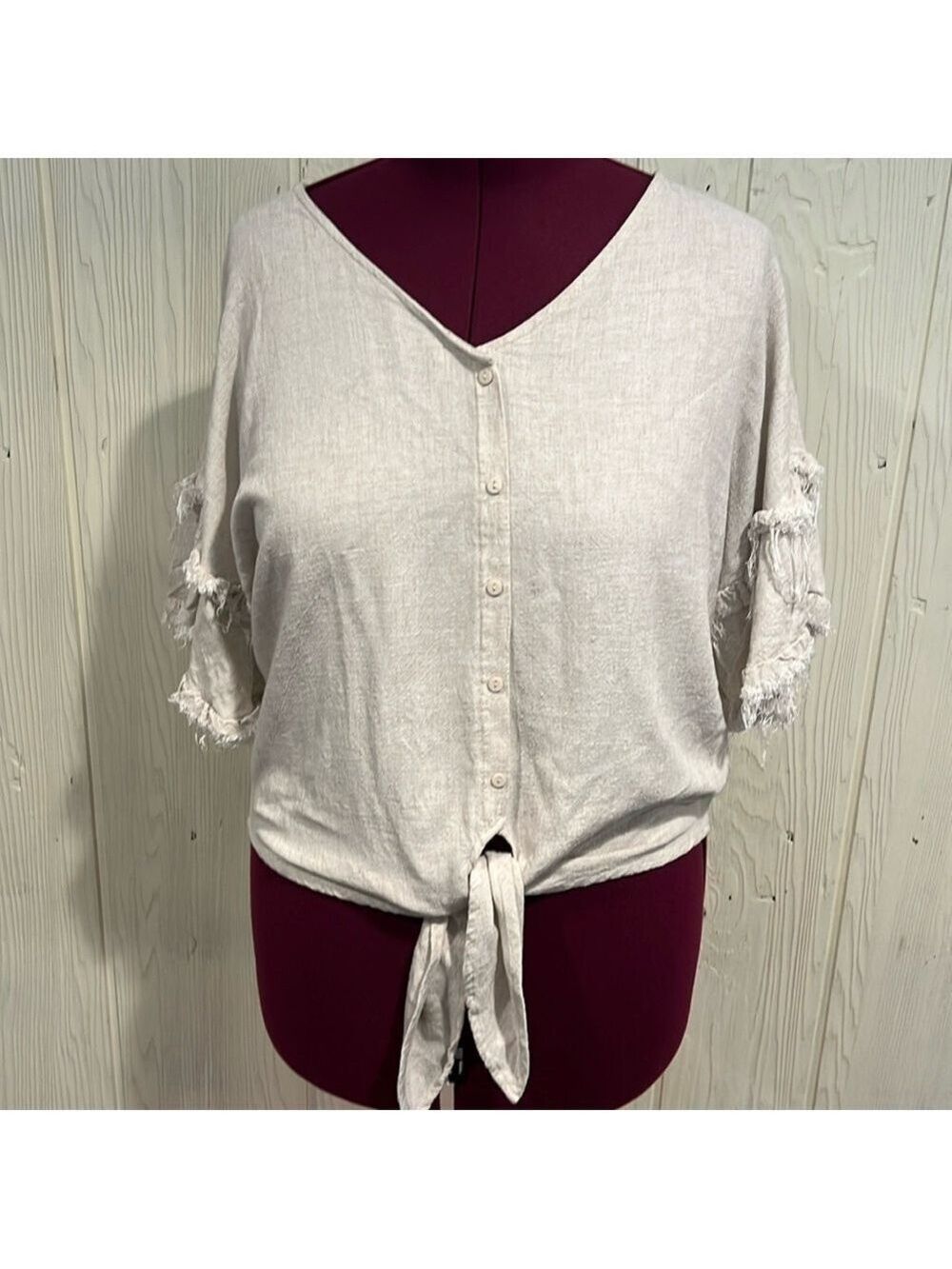 Scrap Work Linen Cotton Waist Tie Blouse Medium